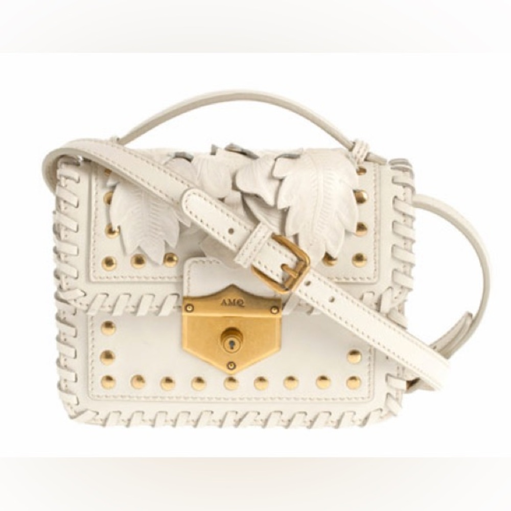 Alexander McQueen White Floral Accent Leather Crossbody Bag with Gold Hardware